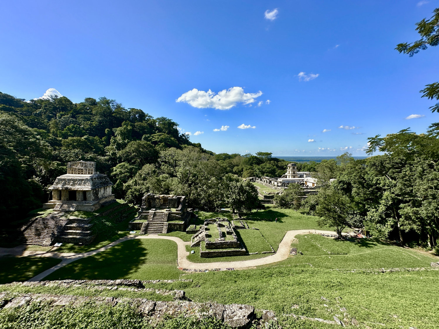 Panoramic view from the Temple of the Cross showing Palenque ruins and jungle